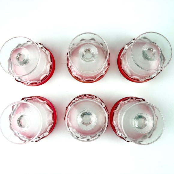 Vintage set of 6 Tiffin Kings Crown Thumbprint Coupe Glass, Cranberry Trim - Picture 3 of 5